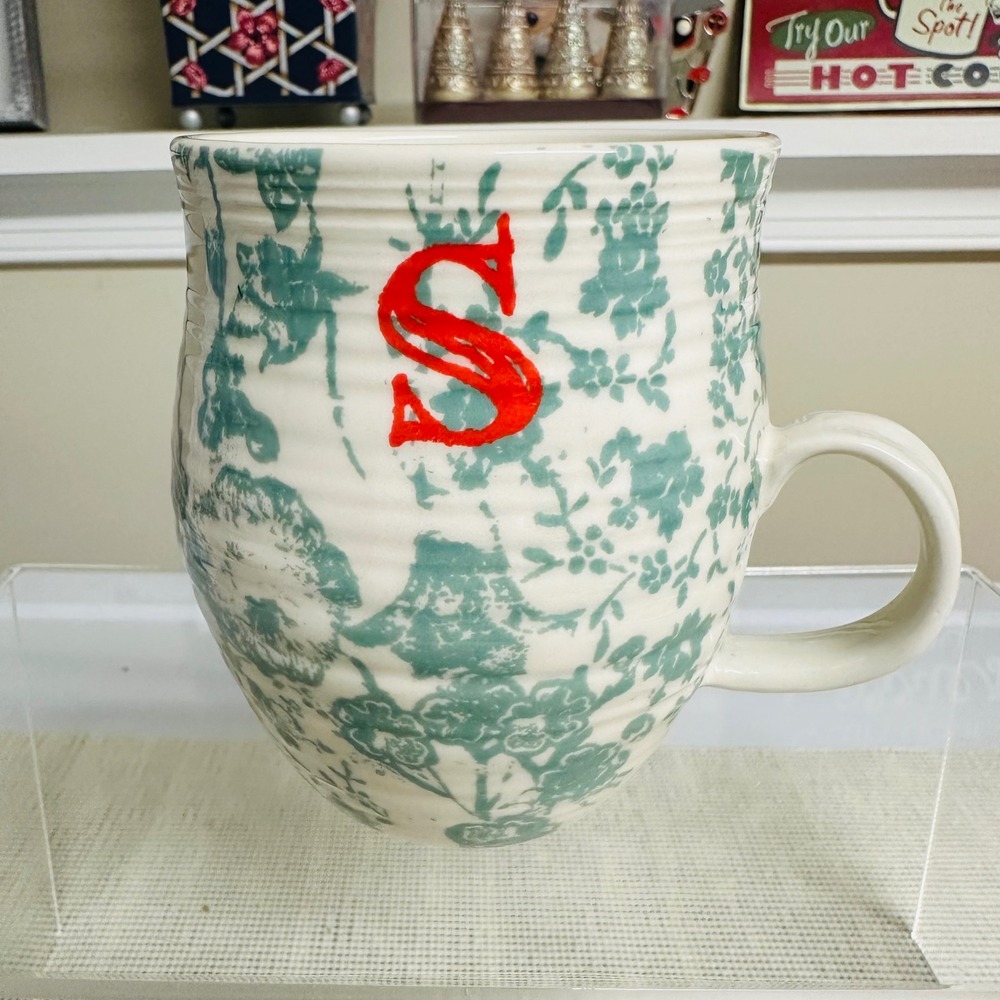 Anthropologie Homegrown Monogram Initial "S " 14 oz Coffee Mug Green Floral